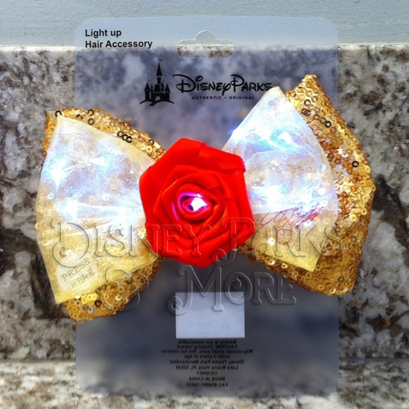 Disney Parks Light Up Red Rose Beauty /& the Beast Belle Minnie Bow Hair Clip